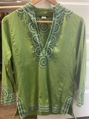J. Crew Olive Green Embroidered V-Neck Tunic